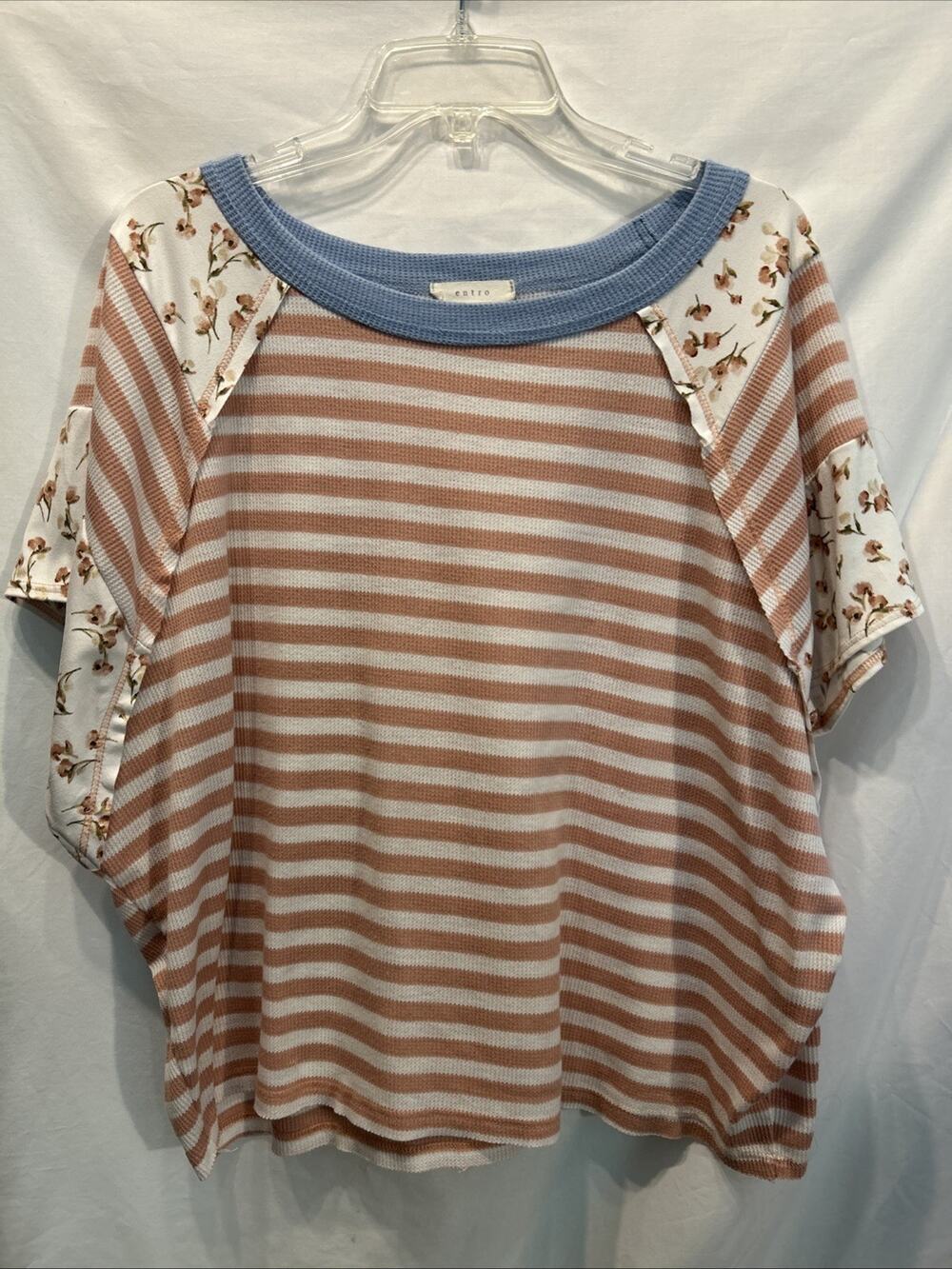 Entro Women’s Large Oversized Top Striped Waffle Knit w Dolman Sleeves Boxy